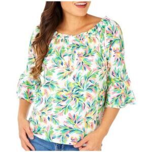 Stella Parker NEW Tropical Off Shoulder Knit Top Womens Medium Green & White